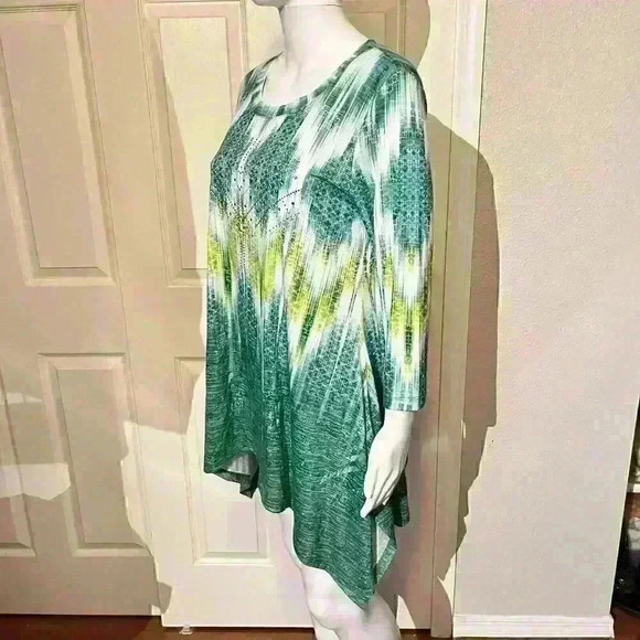 One World Womens 3/4 Sleeve Tunic Top Embellished Green Blouse Small - Picture 6 of 11